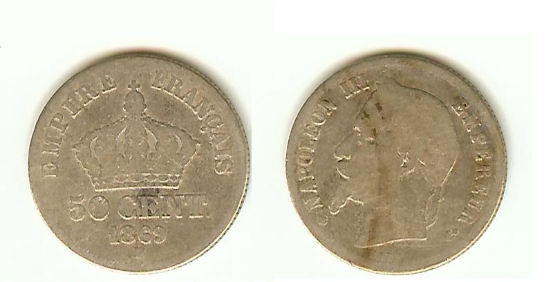 50 centimes Napoléon III, tête laurée 1869 Strasbourg B